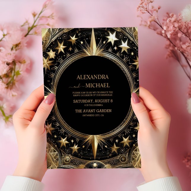 Convites Casamento Galáxia Celestial Ouro Preto Místico (Criador carregado)