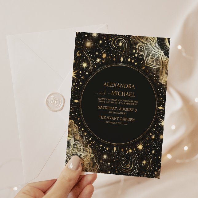 Convites Casamento Galáxia Celestial Ouro Preto Místico (Criador carregado)