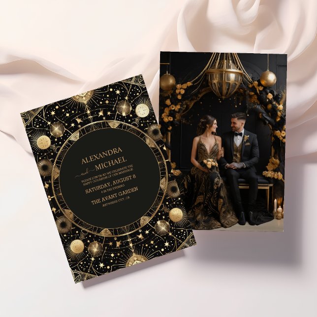 Convites Casamento Galáxia Celestial Preto Místico Dourado (Criador carregado)