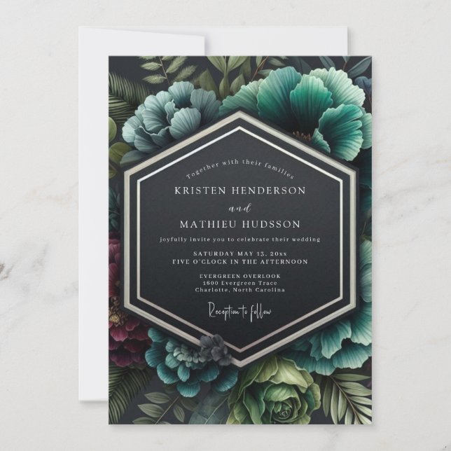 Convites Casamento Garnet Teal Chiaroscuro (Frente)