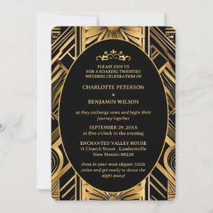 Convites Casamento Gatsby Art Deco Preto e Dourado dos Anos