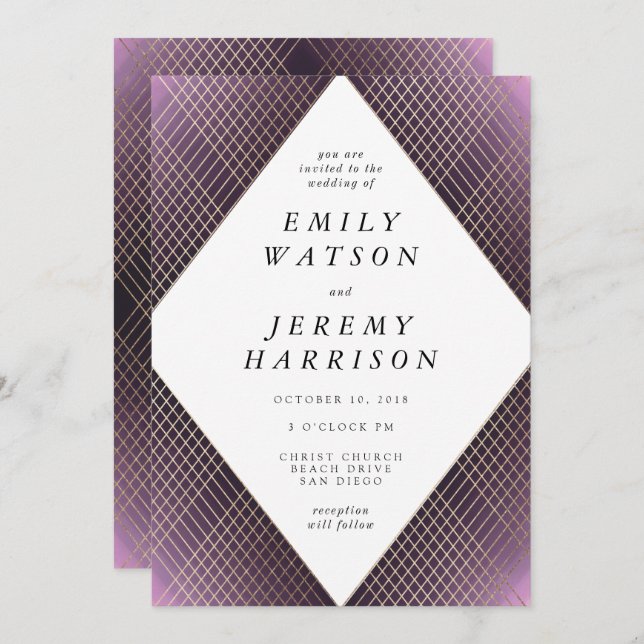 Convites Casamento Gatsby Dourado com Deco Roxo Geométrico  (Frente/Verso)