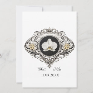 Convites casamento gay com orquídea vintage em preto e bran