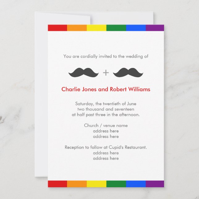 Convites Casamento Gay LGBT Mustaches Rainbow (Frente)