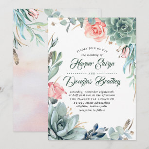 Convites Casamento Genérico Rosa Moderno Suculento