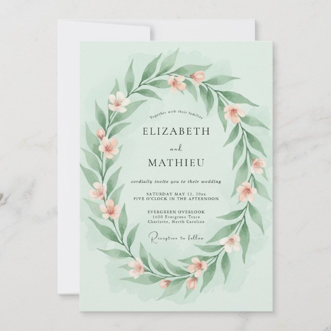 Convites Casamento Gentil de Primavera em Verde Hortelã (Frente)