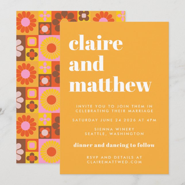 Convites Casamento Geométrico Amarelo-Negro (Frente/Verso)