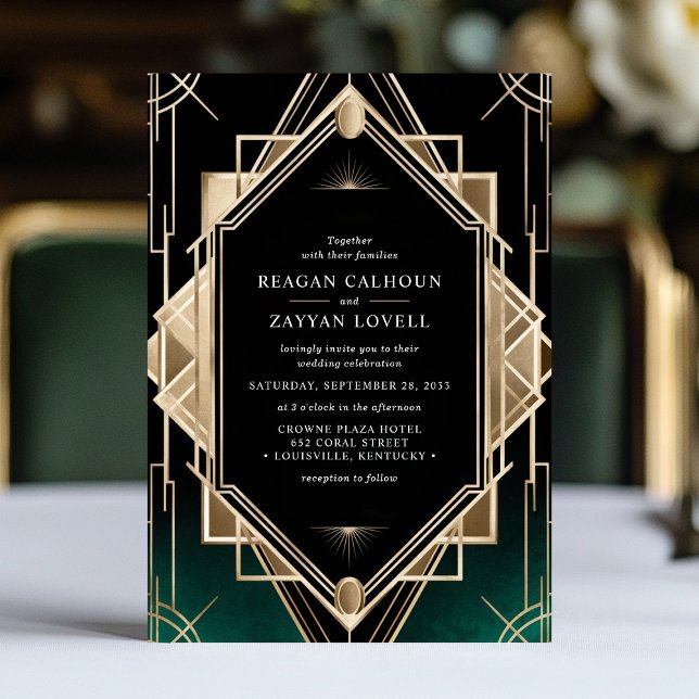 Convites Casamento Geométrico Art Déco em Verde Esmeralda e (Criador carregado)