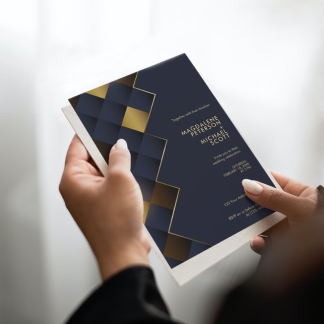 Convites Casamento Geométrico Azul e Dourado do marinho (Criador carregado)