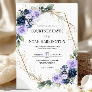 Convites Casamento Geométrico Azul Naval Lavanda Roxo Doura