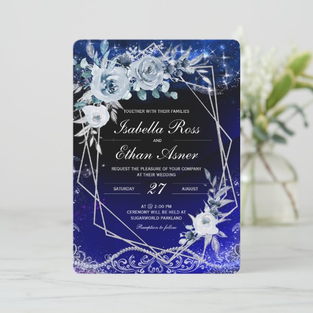 Convites Casamento Geométrico Azul Real e Branco Prateado (Em pé/Frente)