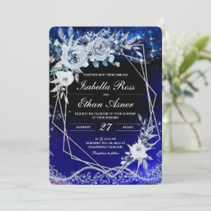 Convites Casamento Geométrico Azul Real e Branco Prateado