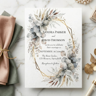 Convites Casamento Geométrico Boho Aquarela Folhagem Dourad