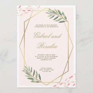 Convites Casamento Geométrico Bordado com Floral em Dourado