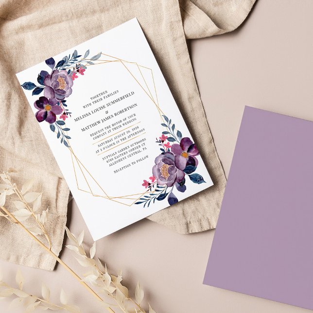 Convites Casamento Geométrico Botânico Púrpura Floral (Purple Flowers Geometric Wedding Invitation)