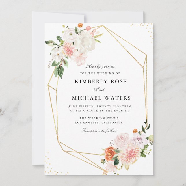 Convites casamento geométrico botânico rosa-d'água cor-de-r (Frente)