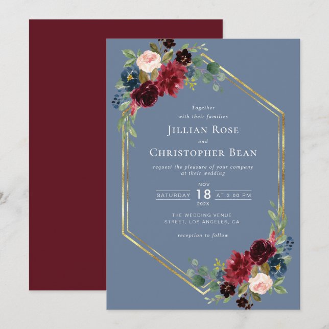 Convites casamento geométrico burgundy e azul empoeirado (Frente/Verso)