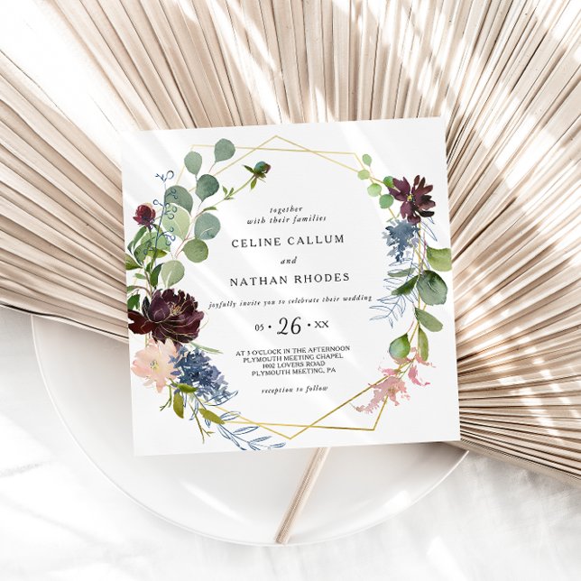 Convites Casamento Geométrico Burgundy Floral e Greenery (Criador carregado)