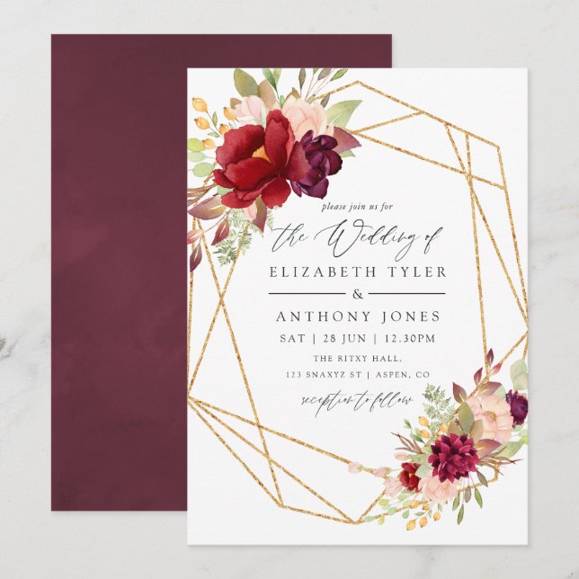 Convites Casamento Geométrico Burgundy-Marsala e Blush Boho (Frente/Verso)
