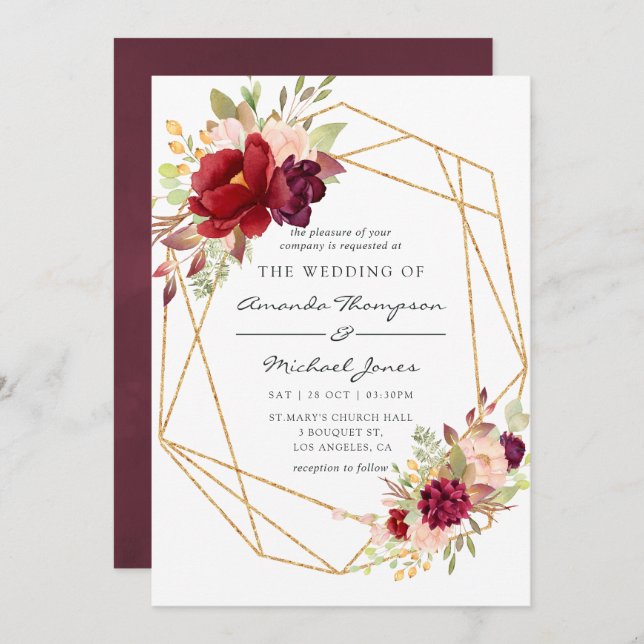 Convites Casamento Geométrico Burgundy-Marsala e Blush Boho (Frente/Verso)