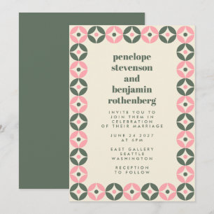 Convites Casamento Geométrico Chic Rosa e Verde do Mod Mé