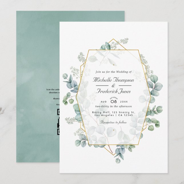 Convites Casamento Geométrico Código QR Eucalipto Aquarela (Frente/Verso)