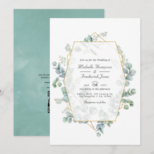 Convites Casamento Geométrico Código QR Eucalipto Aquarela