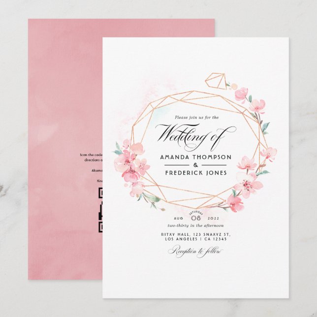 Convites Casamento Geométrico Código QR RSVP Flor de Cereje (Frente/Verso)