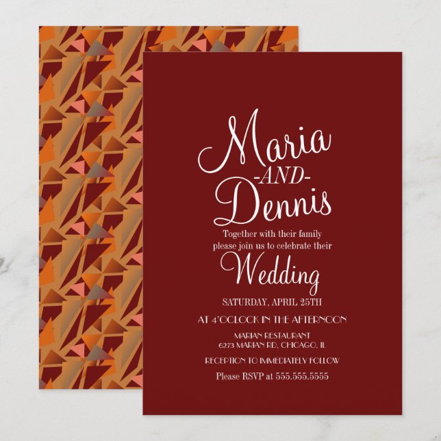 Convites Casamento Geométrico Colortivo Moderno Burgandy (Frente/Verso)