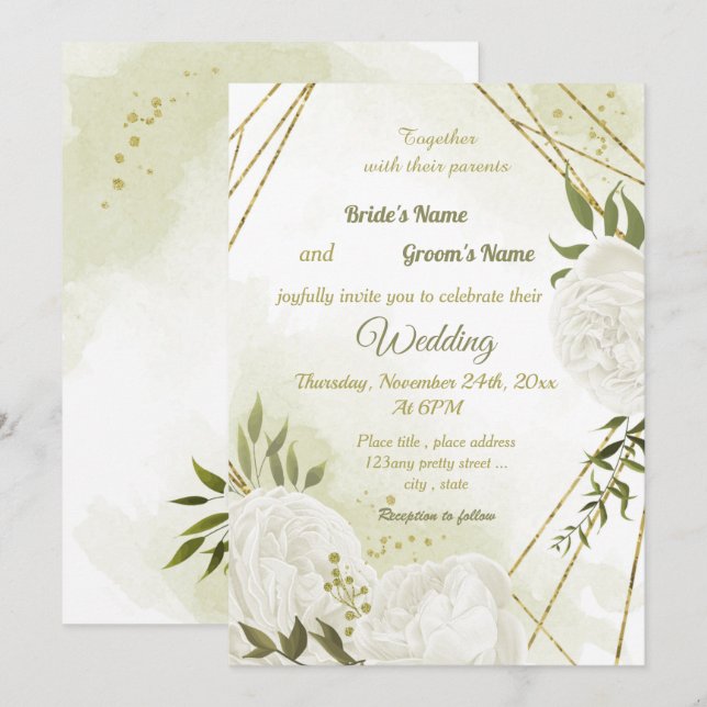 Convites Casamento geométrico com flores brancas bonito (Frente/Verso)