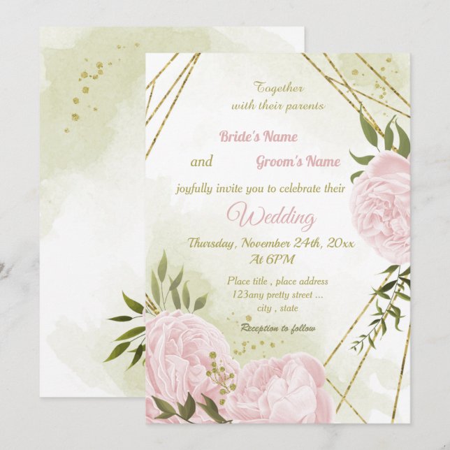 Convites Casamento geométrico com flores rosa bonito (Frente/Verso)