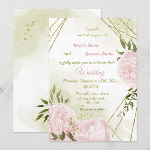 Convites Casamento geométrico com flores rosa bonito