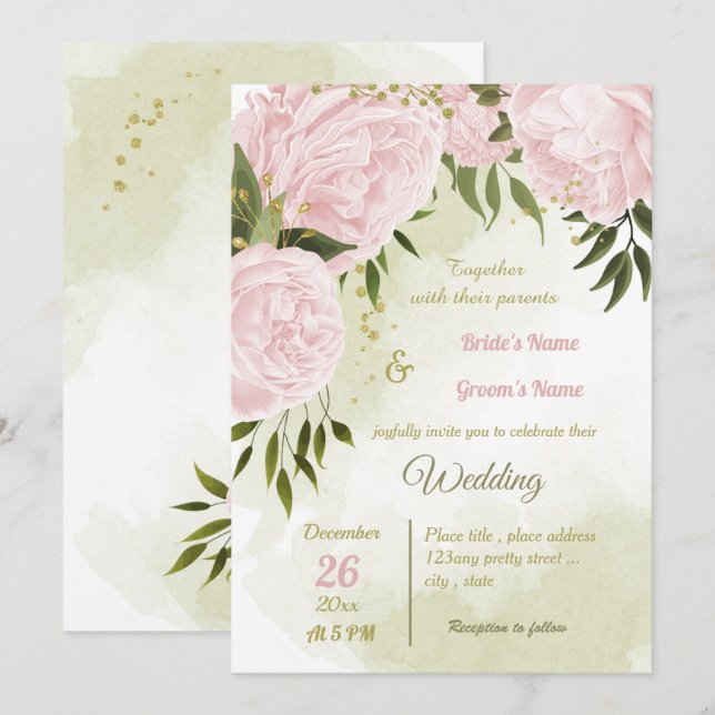 Convites Casamento geométrico com flores rosa bonito (Frente/Verso)