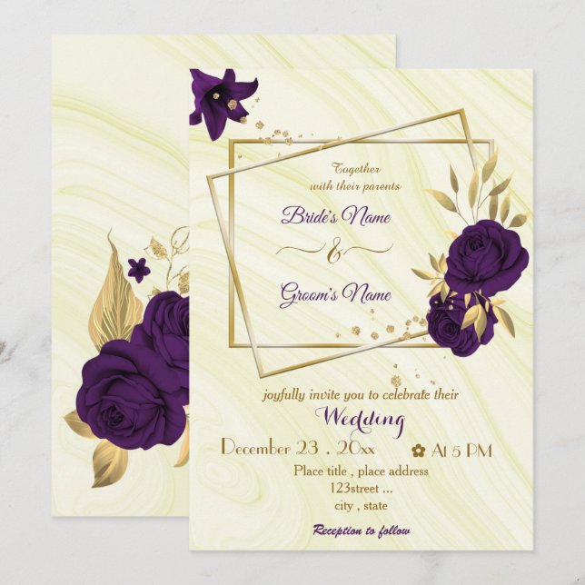Convites casamento geométrico com flores roxas reais (Frente/Verso)