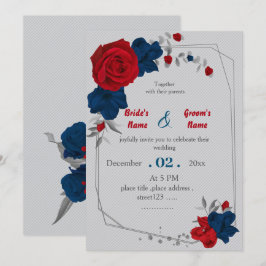 Convites casamento geométrico com flores vermelhas e marinh