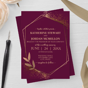 Convites Casamento Geométrico com Folha de Merlot e Bronze
