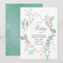 Convites Casamento Geométrico com Verde e Rosa Pastel