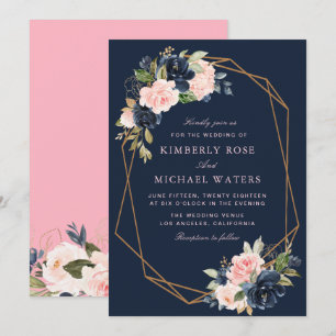 Convites Casamento geométrico cor-de-rosa com Marinho