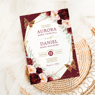 Convites Casamento Geométrico da Borboleta Floral Burgundy