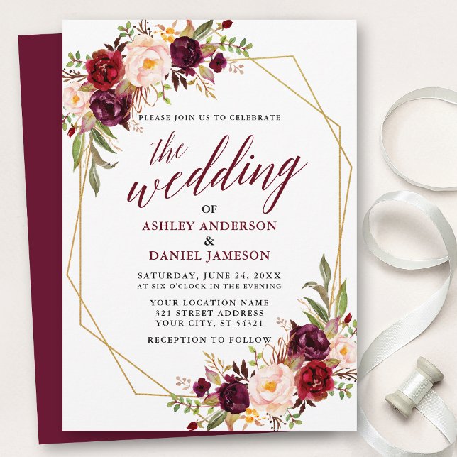 Convites Casamento Geométrico da Caligrafia Floral Burgundy (Customize to change text size, style, add text & photos to back or change color of back of card.)
