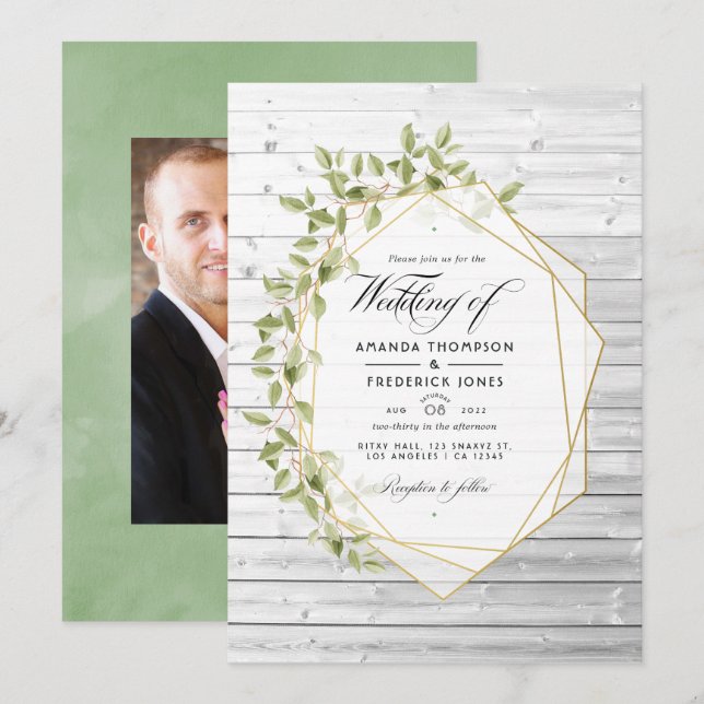 Convites Casamento Geométrico de Aguarela Rústica Verde (Frente/Verso)