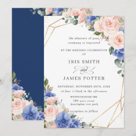 Convites Casamento Geométrico de Blush e Rosas Florais Azui