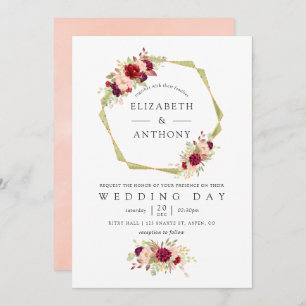 Convites Casamento Geométrico de Borgonha e Blush Pink