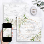 Convites Casamento Geométrico de Cobre Floral Quadrado<br><div class="desc">Moderno e moderno, este design de convite de casamento quadrado apresenta um falso geométrico de cobre embelezado com rosas brancas, sobre uma textura falsa de mármore branco. Os nomes dos casais e alguns detalhes do casamento estão em uma cor de cobre equivalente. A parte traseira da placa apresenta a textura...</div>