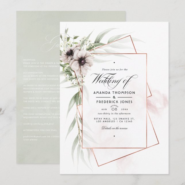 Convites Casamento Geométrico de Eucalipto com Aquarela Anê (Frente/Verso)