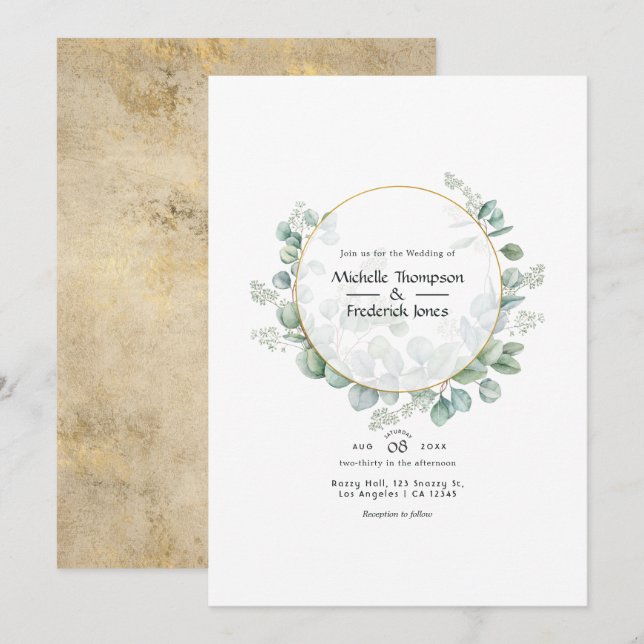 Convites Casamento Geométrico de Eucalipto Dourado (Frente/Verso)
