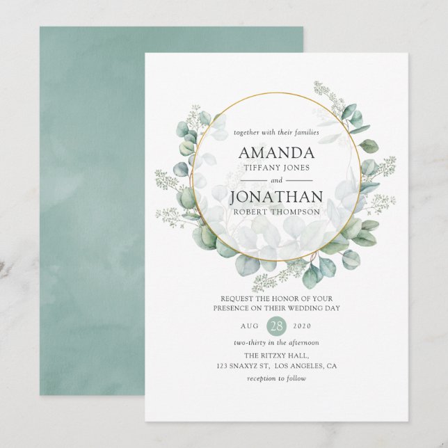 Convites Casamento Geométrico de Eucalipto em Aquarela (Frente/Verso)