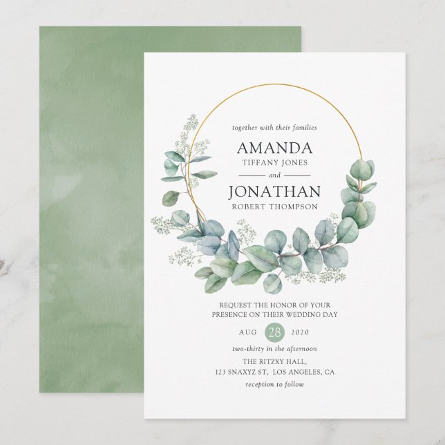 Convites Casamento Geométrico de Eucalipto em Aquarela (Frente/Verso)
