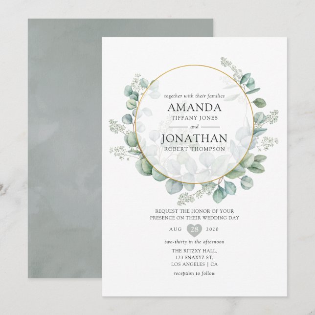 Convites Casamento Geométrico de Eucalipto Sage Prata (Frente/Verso)