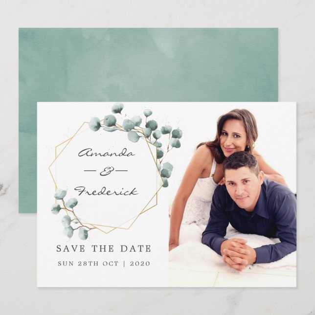 Convites Casamento Geométrico de Eucalipto Save the Date (Frente/Verso)